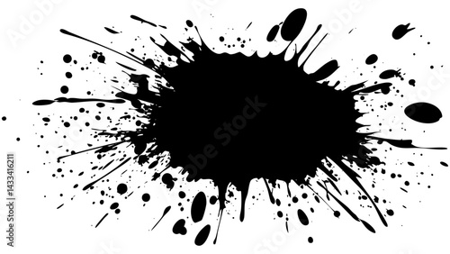 Black paint splatter creates a dramatic artistic effect on a white background