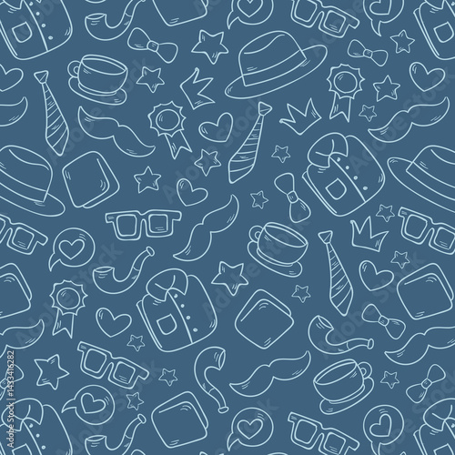 Seamless pattern with tie, hat, mustache and glasses. Modern background for Father's Day.
