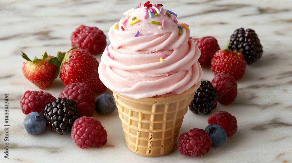 A cone stacked with pink ice cream, topped with sprinkles, surrounded by berries A cone stacked with pink ice cream, topped with sprinkles, surrounded by berries