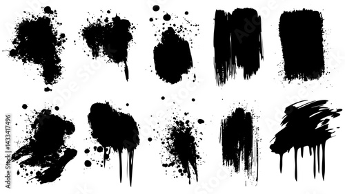 Abstract black paint splashes and strokes on white background for creative design