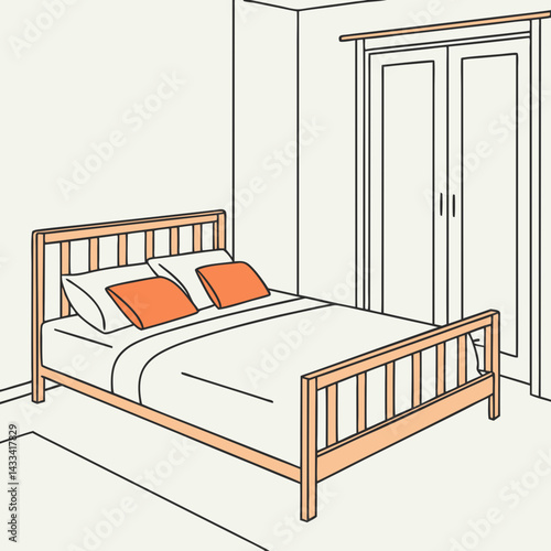 The image shows a minimalist bedroom interior. The focal point is a neatly made bed with a light-colored duvet and two orange square pillows. The bed has a light orange-brown wooden frame. The