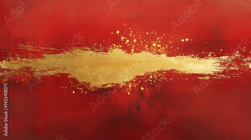 Abstract painting features gold stroke against crimson backdrop creating luxurious, elegant, minimalist artwork design.