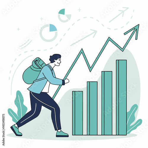 Businessman pushing graph- graph, business, vector, economy, finance, graphic, grow, growth, increase, profit, market, bar, 