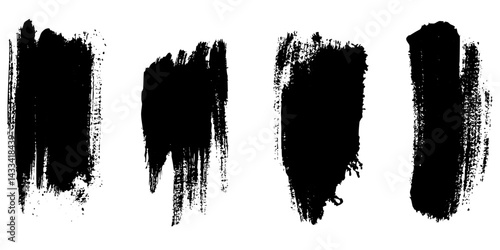 Black paint strokes in various styles on a white background showcasing artistic brush techniques