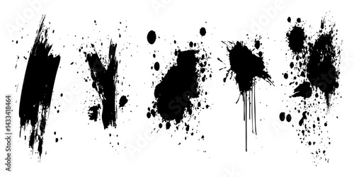 Black paint splatters and brush strokes create an abstract artistic display on a white background