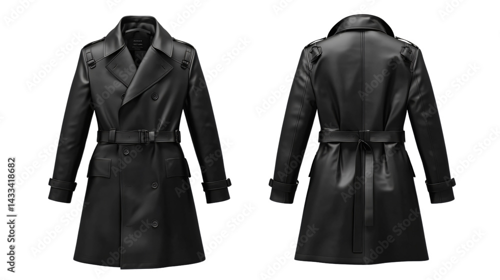 Modern Black Trench Coat Mockup Front and Back View Isolated on White Background Modern Black Trench Coat Mockup Front and Back View Isolated on White Background