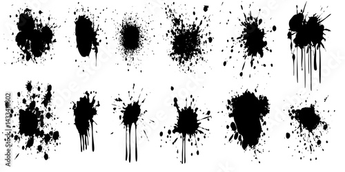 Black ink splatters on a white background showcasing artistic chaos and texture