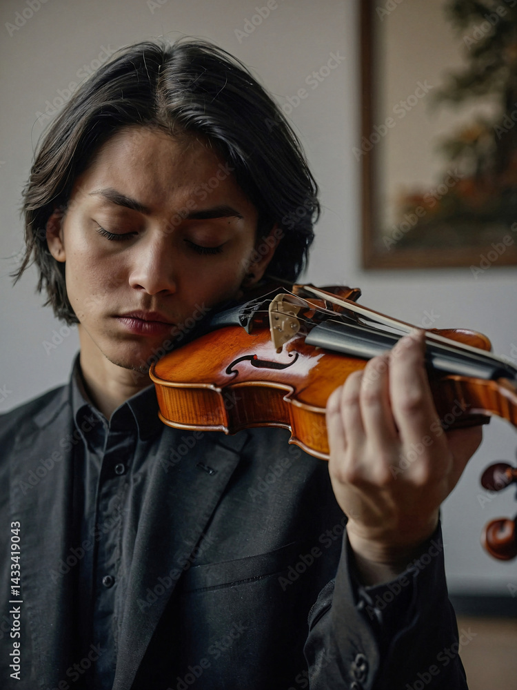 Musician rehearsing violin in slow motion.