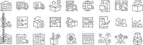 Logistics supply chain business process line icon set. Vector pictograms of route, packaging, freight, proof, digital, document, forecast, demand, thin linear illustration.