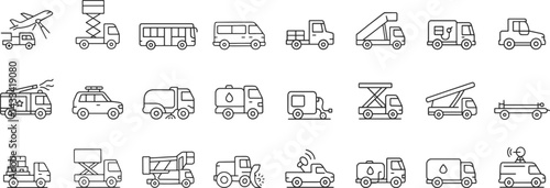 Airport ground support transport line icon set. Vector pictograms of runway inspection, sweeper, generator, water loader, passenger bus, thin linear illustration.