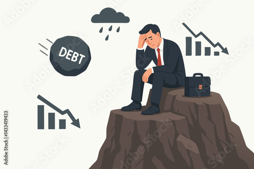 Business Crisis Concept Vector: Stressed Businessman on Cliff Edge with Falling Charts, Debt Burden, and Financial Downtrend, Corporate Failure and Economic Depression Illustration