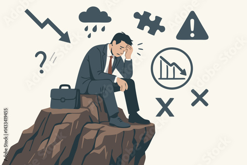 Business Failure Concept: Stressed Businessman in Depression on Cliff Edge with Downward Chart Symbols, Financial Crisis Vector Illustration for Economic Hardship and Corporate Challenge