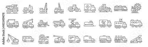 Vehicle mining heavy industry transport line icon set. Vector pictograms of crusher, drill, loader, bulldozer, excavator, dragline, crane, thin linear illustration.