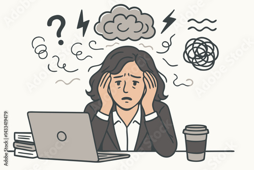 Workplace Stress and Anxiety Vector Illustration: Overwhelmed Professional with Laptop, Mental Health Issues, Burnout Syndrome, and Work Pressure in Office Environment