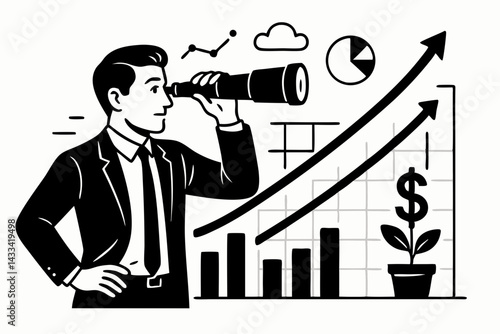 Business Vision and Financial Growth Vector Illustration with Businessman Using Telescope Observing Market Trends, Investment Opportunities, Rising Profit Graphs, Data Analysis and Money Plant Symbol