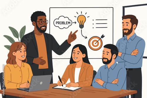 Diverse Business Team Brainstorming Solutions with Problem-Solving Flow Chart, Creative Idea Lightbulb and Target Goal Concept, Modern Office Meeting Collaboration for Strategic Planning