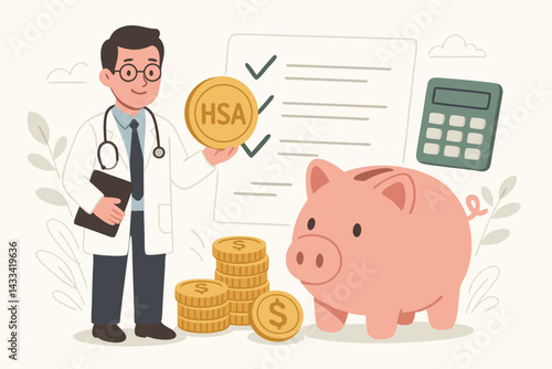 Health Savings Account (HSA) Financial Planning Vector Illustration with Doctor Holding Gold Coin, Piggy Bank, Calculator and Checklist for Medical Expenses and Tax Benefits