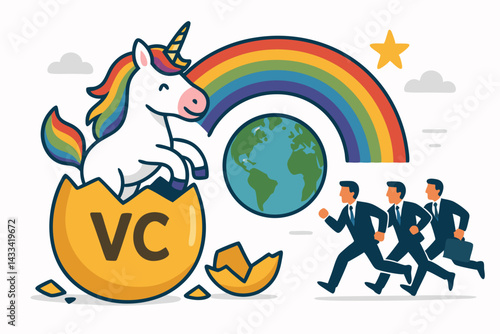 Vibrant Cartoon Unicorn Hatching from Golden VC Egg with Rainbow, Earth Globe and Business People Running, Startup Investment Concept Vector Illustration for Venture Capital Success
