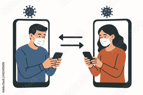 Virtual Connection During Pandemic Vector Illustration - Young People with Protective Face Masks Chatting on Smartphones - Online Communication in Social Distancing Era - Modern Flat Design