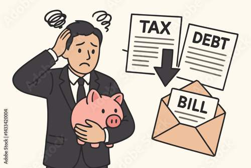 Financial Stress Vector Illustration with Worried Businessman Holding Piggy Bank Facing Tax, Debt and Bills, Simple Minimalist Design for Finance Management, Budget Problems and Economic Anxiety