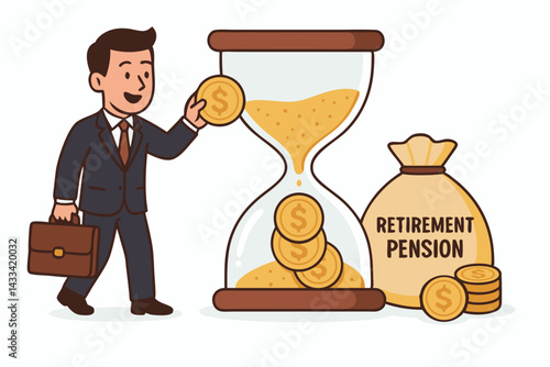 Financial Planning Cartoon Vector Illustration with Businessman Investing in Retirement Pension Fund, Time Value of Money Concept with Hourglass, Money Bag and Gold Coins, Wealth Building