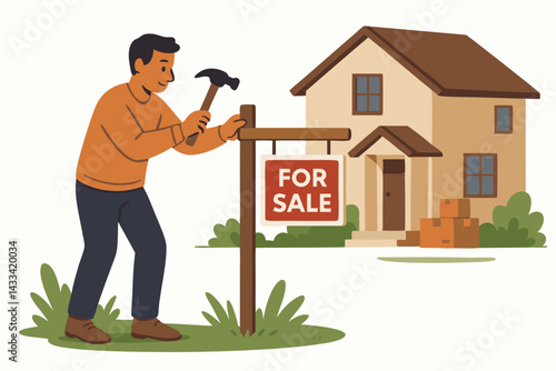 Real Estate Home Sale Vector Illustration with Man Installing For Sale Sign in Front of Suburban Property with Moving Boxes, Homeownership Concept for Realtors and Housing Market