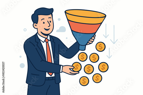 Sales Funnel Conversion Illustration with Businessman Collecting Dollar Coins from Marketing Strategy Process, Colorful Vector Graphic for Business Presentations and Lead Generation Concepts