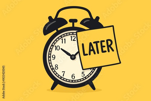 Procrastination Concept Vector Illustration: Vintage Alarm Clock with "Later" Note on Vibrant Yellow Background, Time Management Symbol for Business Productivity and Deadline Reminder