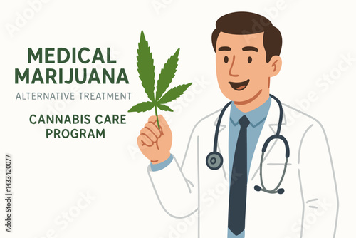 Medical Marijuana Program Illustration – Doctor Promotes Cannabis Leaf for Alternative Treatment and Patient Care, Modern Healthcare Concept, Cannabis Medicine, Stethoscope