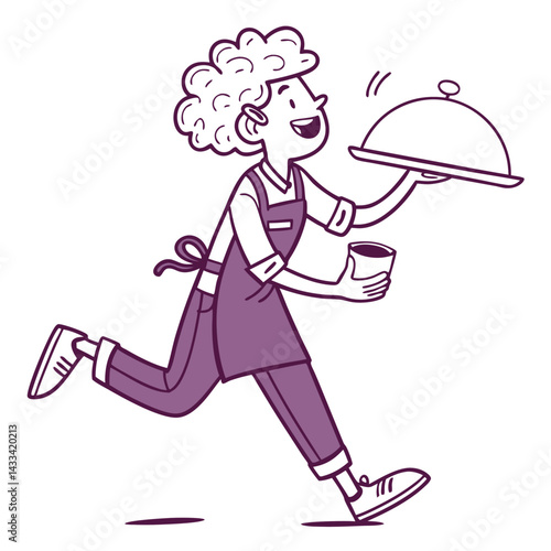 Cartoon Waiter Running Fast with Dish Cover and Drink Cup Outline Drawing Style