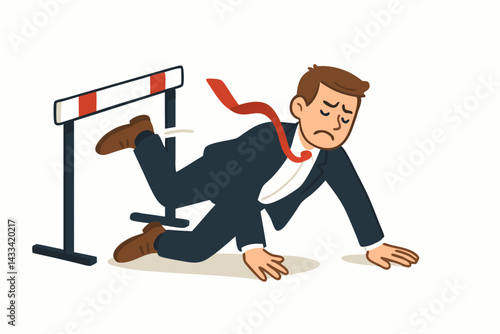 Businessman Tripping Over Business Obstacle Hurdle Cartoon Vector Illustration, Corporate Challenge Metaphor with Frustrated Manager in Suit Falling During Career Race, Business Failure Concept