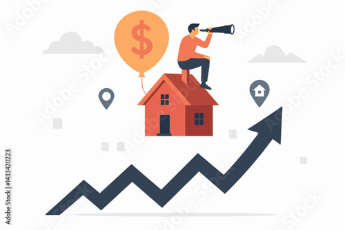 Real Estate Market Vision Concept Vector: Businessman with Telescope Scouting Property Investment Opportunities from House Rooftop with Dollar Balloon and Rising Graph Illustration