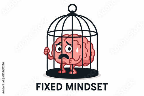 Fixed Mindset Concept Vector: Cartoon Brain Character Trapped in Birdcage Metaphor for Limited Thinking, Mental Restriction and Psychological Constraint in Growth and Development