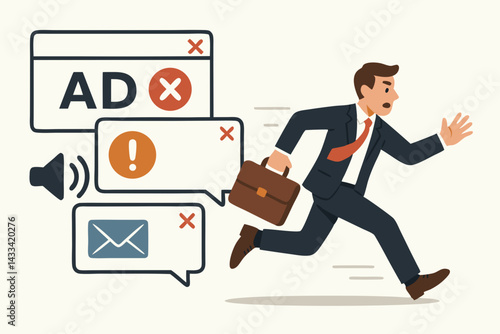 Businessman Running Away from Digital Notifications - Vector Illustration of Professional Escaping Ads, Email and Alerts in Flat Style Design for Marketing, Technology and Online Privacy Concept