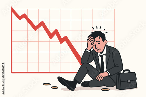 Financial Decline Vector Illustration: Businessman Feeling Distressed Near Falling Stock Graph with Red Arrow and Scattered Coins, Market Crash Concept for Economic Crisis and Investment Loss