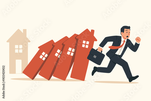 Real Estate Market Collapse Concept with Businessman Running from Falling House Domino Effect, Housing Crisis Metaphor, Property Crash Illustration for Financial Risk and Economic Instability