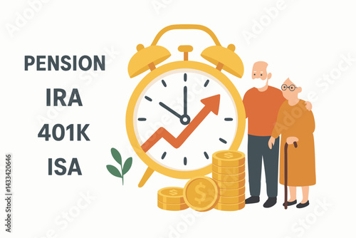 Retirement Investment Planning Vector Illustration with Senior Couple, Gold Alarm Clock, Growing Chart and Money Coins - Financial Security 401K Pension IRA ISA Savings Concept for Elderly Future