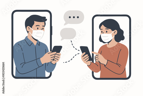 Virtual Communication During Health Crisis Concept: Illustrated Characters in Face Masks Chatting on Smartphones, Mobile Messaging App Interface, Social Distancing Communication Vector Graphic