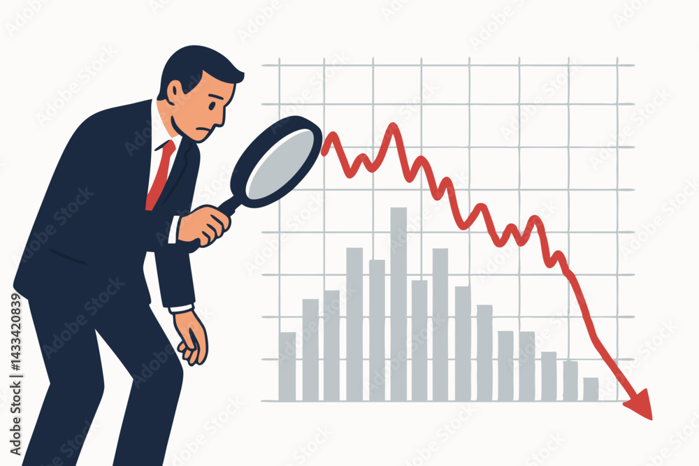 Businessman Analyzing Declining Financial Chart with Magnifying Glass, Economic Crisis Visualization, Market Downturn Investigation, Corporate Financial Loss Statistics Graph, Stock Market Crash Businessman Analyzing Declining Financial Chart with Magnifying Glass, Economic Crisis Visualization, Market Downturn Investigation, Corporate Financial Loss Statistics Graph, Stock Market Crash