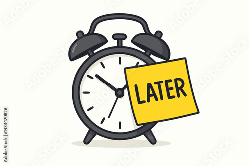 Procrastination Concept Vector: Classic Alarm Clock with Yellow "Later" Sticky Note, Productivity Reminder Illustration for Time Management, Business Planning, and Deadline Awareness