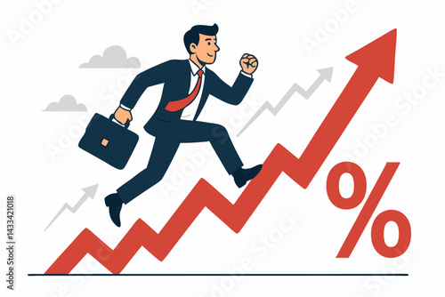 Business Growth Success Concept with Confident Businessman Running up Red Financial Chart Graph with Percentage Symbol, Career Achievement and Market Investment Progress Vector Illustration