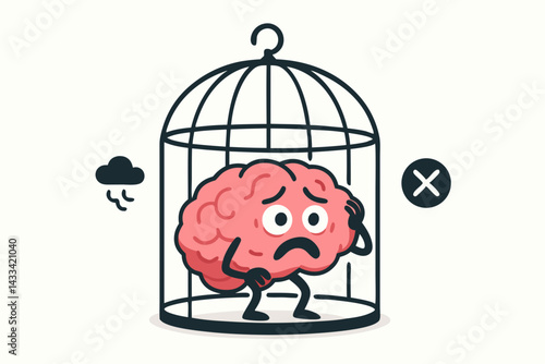 Mental Health Concept: Cartoon Brain Character Trapped in Bird Cage Vector Illustration, Sad Mind with Worried Expression Symbolizing Depression, Anxiety, and Psychological Restrictions
