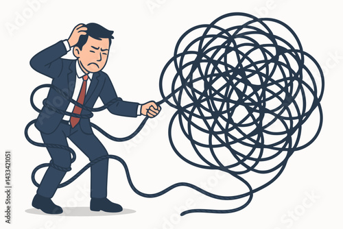 Stressed Businessman Untangling Complex Problem Metaphor Vector Illustration with Tangled Knot Representing Business Challenges, Corporate Stress, Problem Solving, and Workplace Anxiety