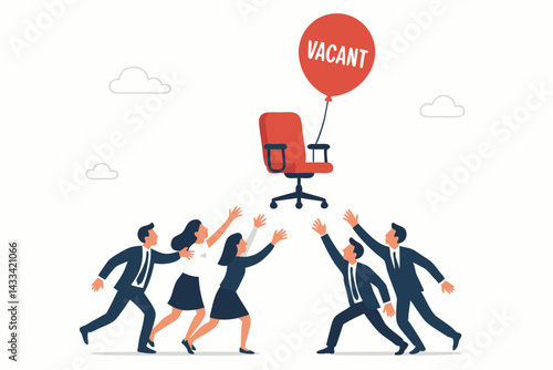Job Vacancy Race Concept Vector: Business Professionals Competing for Red Office Chair with Vacant Balloon, Recruitment Competition Illustration for HR and Career Advancement