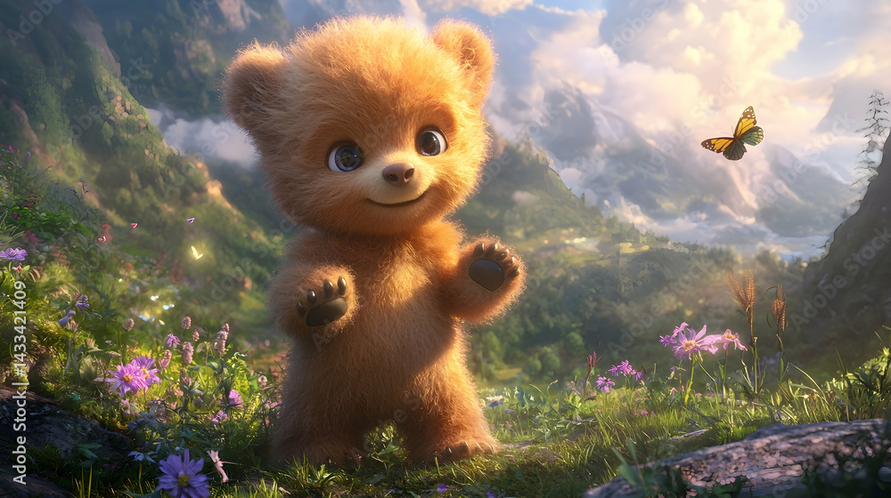 Adorable bear cub in mountain meadow, butterfly, sunrise. Children's book illustration Adorable bear cub in mountain meadow, butterfly, sunrise. Children's book illustration