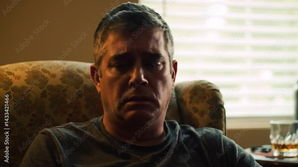 Man sitting alone at home looking sad and distraught Man sitting alone at home looking sad and distraught