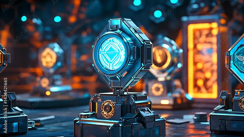 Futuristic trophies illuminated in a tech-themed setting Futuristic trophies illuminated in a tech-themed setting