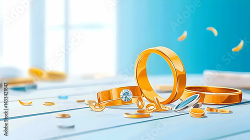 Broken Gold Wedding Rings On Light Blue Wooden Table