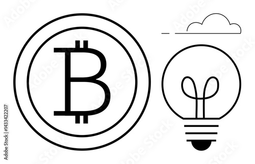 Bitcoin coin with iconic B inside circle alongside glowing light bulb under a minimal cloud. Ideal for cryptocurrency, innovation, blockchain, finance, ideas, technology, futuristic concepts flat