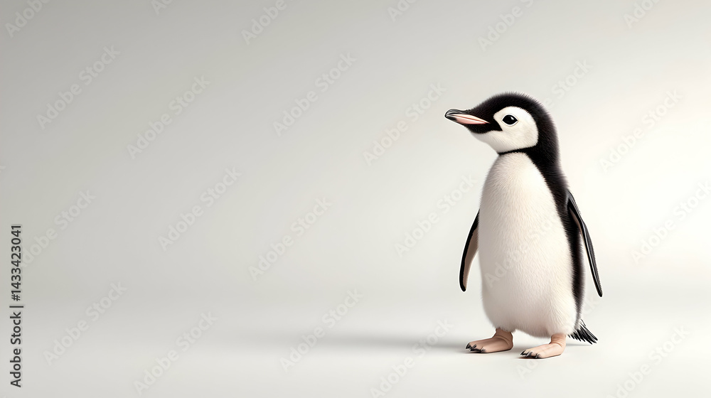 Naklejka premium Baby Penguin Standing Against Light Gray Background